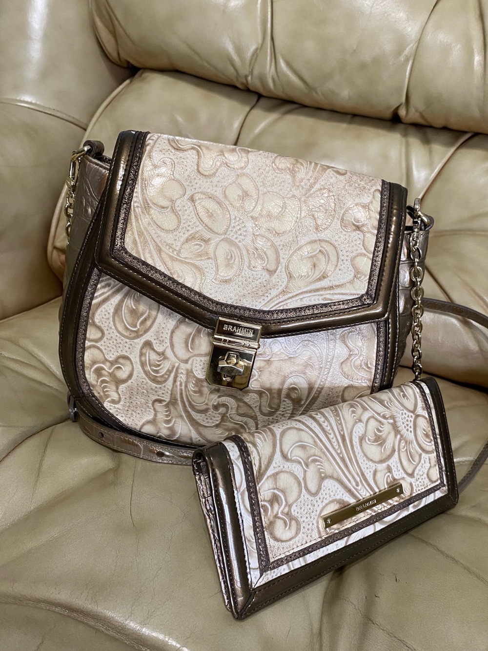 Brahmin Crossbody & Wallet Set Cream/Pewter Metallic Leather Embossed
